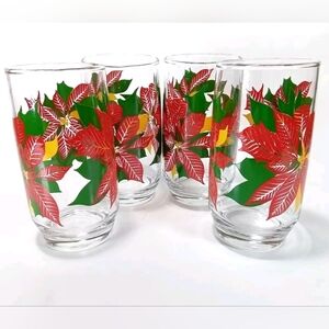 Vintage Anchor Hocking Christmas Poinsettia Tumblers Drinking Glasses Set 4
